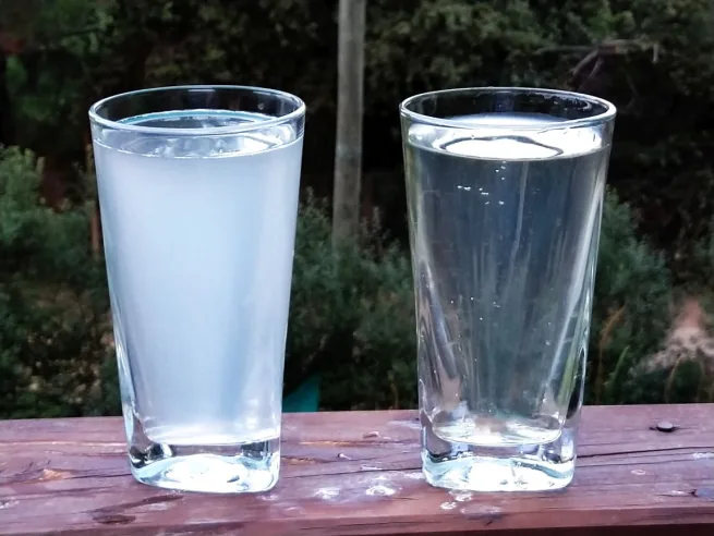 Dos vasos sobre una baranda de madera: el de la izquierda con agua gris turbia que entra al humedal, el de la derecha con agua transparente que sale